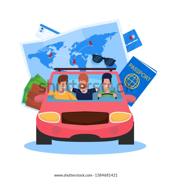 Vector Illustration Car Trip with Friends Cartoon.\
In Foreground, Men Drive Cars and Enjoy Life. Traveling Around\
World by Car, you Need World Map, Documents and Money. Adventures\
for Single Men.