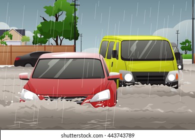 A vector illustration of car trying to drive against flood on the street