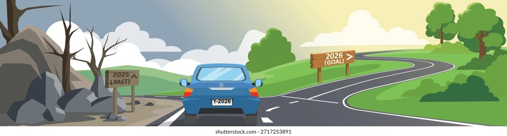 Vektorgrafik oder Illustration eines Autos, das an einer Gabelstraße nach rechts abbiegt. Linker unfruchtbarer Pfad hat ein 2025 Zeichen Vergangenheit oder Misserfolg. Während der richtige grüne Weg hat ein 2026 Zeichen Zukunft oder Erfolg. Geschäftsentscheidungskonzept.