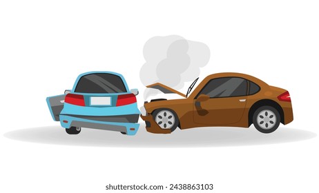 Vector o ilustración del coche. Dos coches en accidente. Capó de coche deportivo color marrón abierto con humo. La puerta lateral del coche azul abierta con falda lateral trasera está rota. Aislado sobre un fondo blanco.