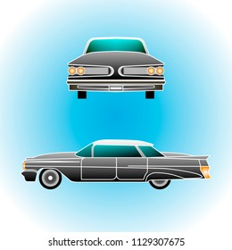 Vector illustration of a car. Vintage cabriolet in a realistic style on a blue background. Front and side views. Trendy symbol concept for infographic, catalogs, information, travel, website, flyer.