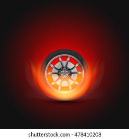 Vector illustration car wheel with fire. Template for car service, drift club and garage.