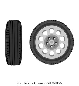 Vector illustration of car wheel front and side view. Transport wheel. Car tire. Car wheel icon