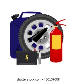 Vector illustration car wheel, oil canister, fire extinguisher and accumulator. Car service. Car details icon set