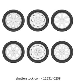 Vector illustration car wheel set, collection isolated on white