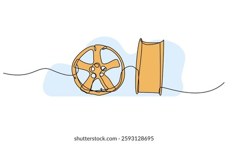 Vector illustration of car wheel and tire. Modern flat in continuous line style.