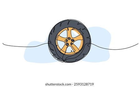 Vector illustration of car wheel and tire. Modern flat in continuous line style.