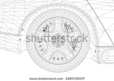 Vector illustration of a car wheel wireframe with symmetrical design, intricate geometric details, and circular structure. This 3D model features clean lines and technical precision.