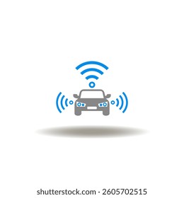 Vector illustration of car with wireless signals. Symbol of smart vehicle. Icon of modern technological AI IoT technology car. Pictogram of innovative auto.