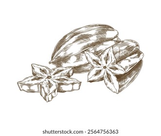 Vector illustration of a carambola fruit whole and cut into pieces in the shape of a star with seeds, made in the style of a black-and-white hand-drawn drawing