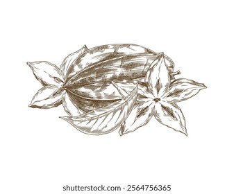 Vector illustration with carambola fruits whole and cut into pieces in the shape of a star with seeds and a leaf, made in the style of a hand-drawn drawing