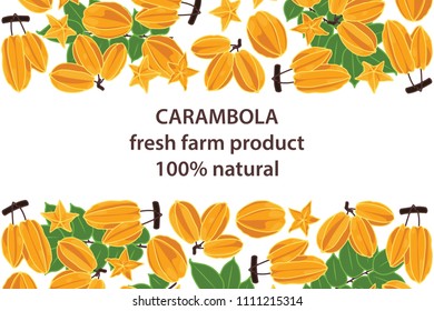 vector illustration of carambola and leaf design background white and fruit and text fresh farm product 100% natural EPS10