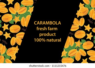 vector illustration of carambola and leaf design background black and fruit and text fresh farm product 100% natural EPS10