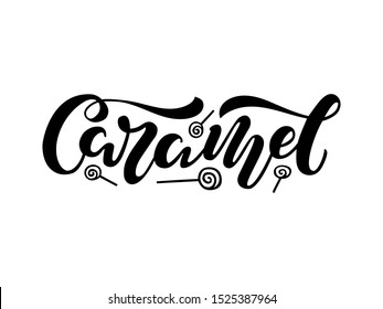 Vector illustration of caramel brush lettering for banner, leaflet, poster, clothes, confectionary or patisserie logo, advertisement design. Handwritten text for template, signage, billboard, print. 