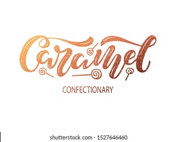 Vector illustration of caramel brush lettering for banner, leaflet, poster, clothes, confectionary or patisserie logo, advertisement design. Handwritten text for template, signage, billboard, print. 