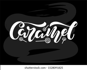 Vector illustration of caramel brush lettering for banner, leaflet, poster, clothes, confectionary or patisserie logo, advertisement design. Handwritten text for template, signage, billboard, print. 