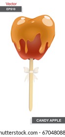 Vector illustration of a caramel candy apple on a stick, decorated with a bow. 