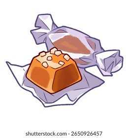 Vectorillustratie van een karamelsnoepje met notentoppings erop, gedeeltelijk uitgepakt in glanzend papier. Zoete en kleurrijke cartoon-stijl dessert perfect voor verpakking of menu decoratie.