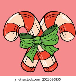 Vector illustration of a caramel cane with a green bow. Merry Christmas and Happy New Year. cartoon style