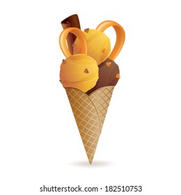 Vector illustration of caramel and chocolate ice cream cone, isolated on white background