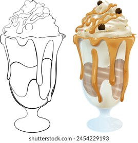 Vector illustration of a caramel drizzled ice cream sundae.