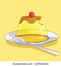 Vector Illustration of caramel pudding on plate with spoon. Sweet dessert