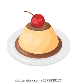 A vector illustration of a crème caramel pudding on a white plate, topped with a cherry. Perfect for food related designs.