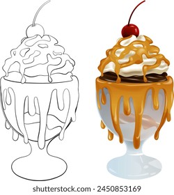 Vector illustration of a caramel sundae with cherry