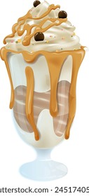 Vector illustration of a caramel-topped ice cream sundae