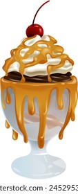 Vector illustration of a caramel-topped ice cream sundae
