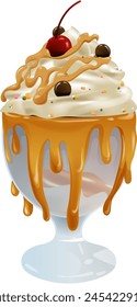 Vector illustration of a caramel-topped ice cream sundae