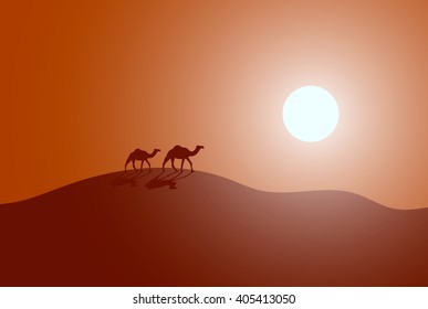 Vector illustration of caravan in a desert. Modern design