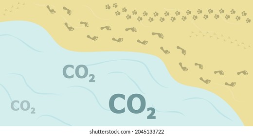 vector illustration of carbon dioxide and footprints on sand for ecological problems caused by humankind