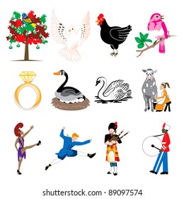 Vector Illustration Card of the 12 days of Christmas icons in full color.