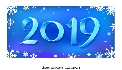 vector illustration card of 2019 of the blue tape on background with snowflakes