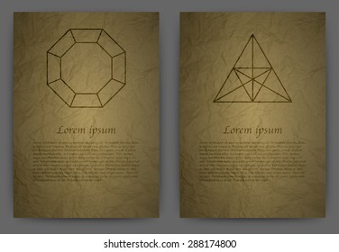 Vector illustration Card a4. Realistic paper . Signs of alchemy . Two invitations.
