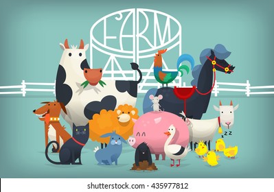 Vector illustration card with animals and birds standing near gates inviting to visit a farm yard.