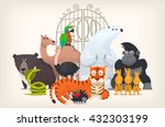 Vector illustration card with animals standing near gates inviting to visit a Zoo