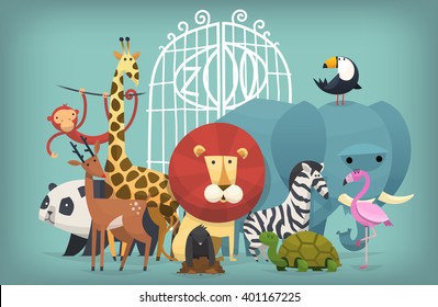 Vector illustration card with animals standing near gates inviting to visit a Zoo