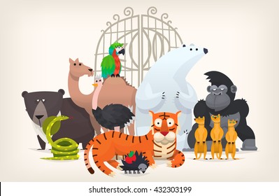 Vector illustration card with animals standing near gates inviting to visit a Zoo