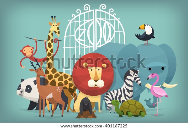 動物園を訪れたいと願う動物が門の近くに立っているベクターイラストカード のベクター画像素材 ロイヤリティフリー