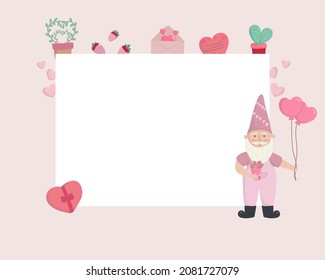 Vector illustration card banner design rectangle frame with garden gnome and accessories on February 14 wreath for text valentine's day, wedding, romantic date.Suitable for cards, wedding invitations
