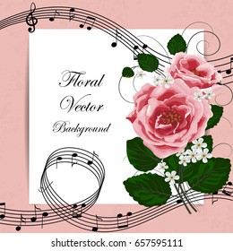 Vector illustration of a card with beautiful roses and music notes.