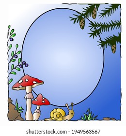 Vector illustration, card with a blank space for text or photos, fly agarics grew in the forest