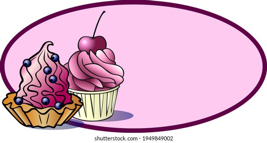 Vector illustration, card with a blank space for text or photos, two sweet cakes on a pink background