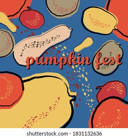 Vector illustration card with blue background, "pumpkin fest" text, and abstract yellow, orange, red, grey pumpkins with hard contours