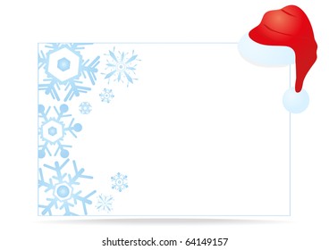 Ilustración vectorial de la tarjeta con copos de nieve azules y tapón de santa claus