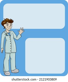 Vector illustration. A card, a business card with an empty space to insert. A doctor, a dentist stands in a doctor's suit, taking care of his health. Illustration for dental care