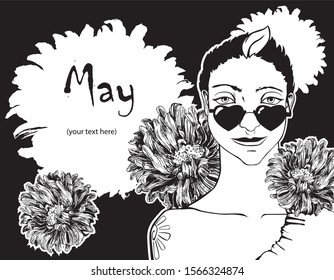 Vector illustration for card or calendar design with impudent girl in glasses and flowers.