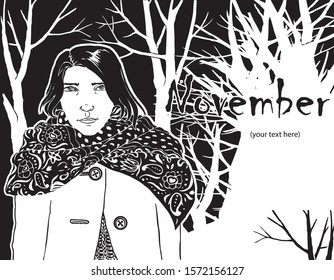 Vector illustration for card of calendar design with woman in a large patterned shawl.